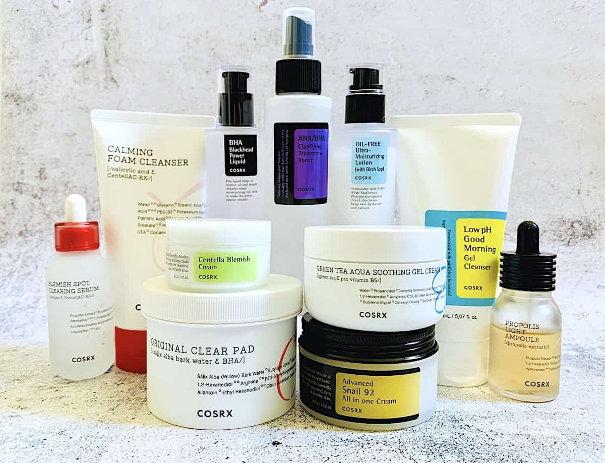 Best COSRX Products For Oily Acne-Prone Skin: serum, cleansers, toner, treatment pads, and moisturizers.