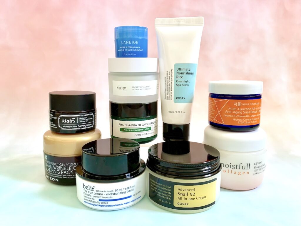Best Korean Night Creams from Cosrx, Mizon, Laneige, Huxley, Etude House, Belif, Some By Mi, Klairs and Seoul Ceuticals.
